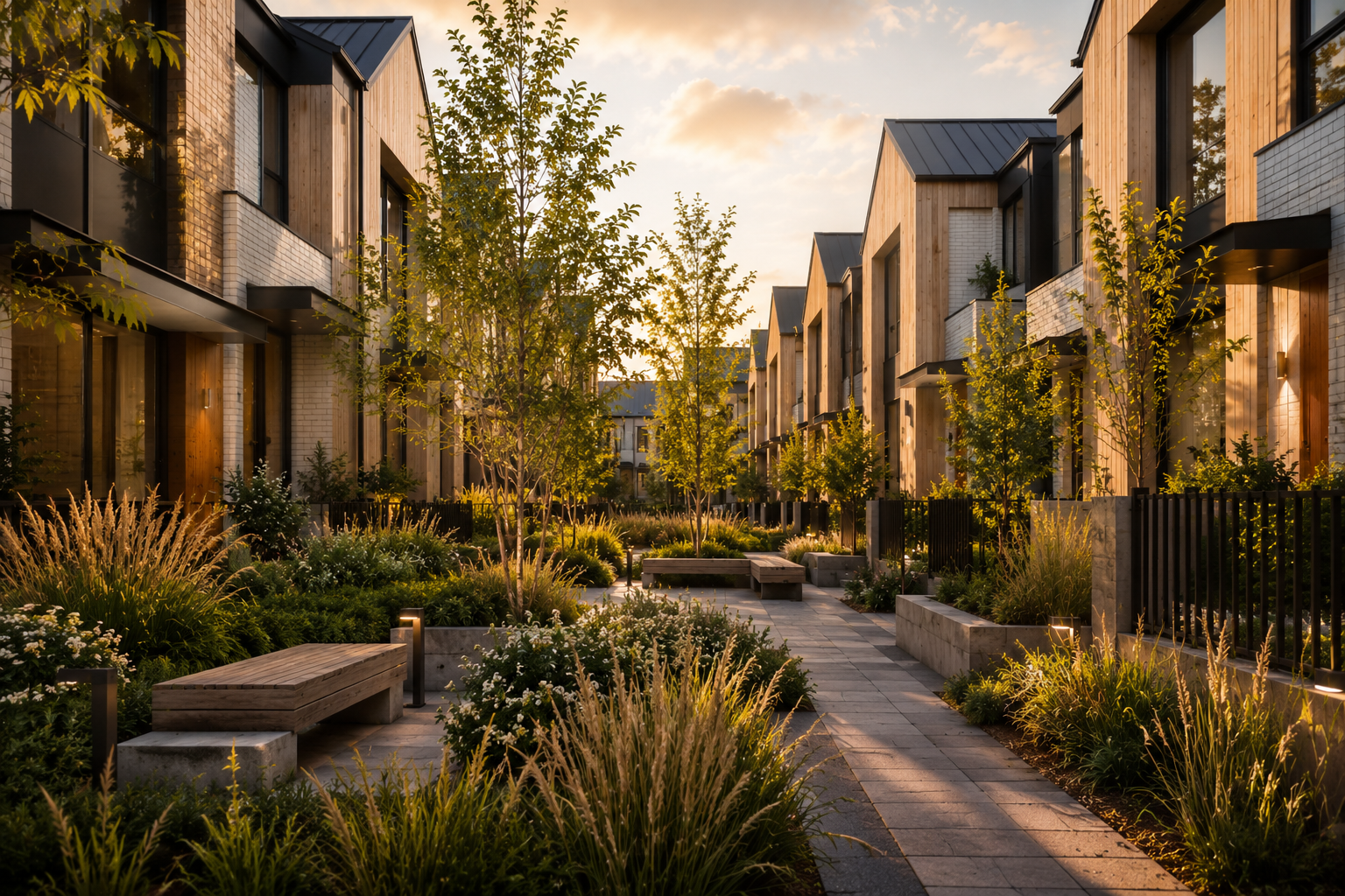 Landscaped courtyard between townhomes